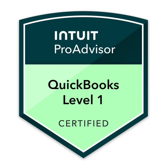 Certification badge for QuickBooks Level 1, issued by INTUIT ProAdvisor, indicating certification status.