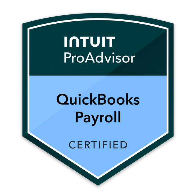 Badge with 'Intuit ProAdvisor' logo, 'QuickBooks Payroll Certified' in the center, dark green and light blue colors.