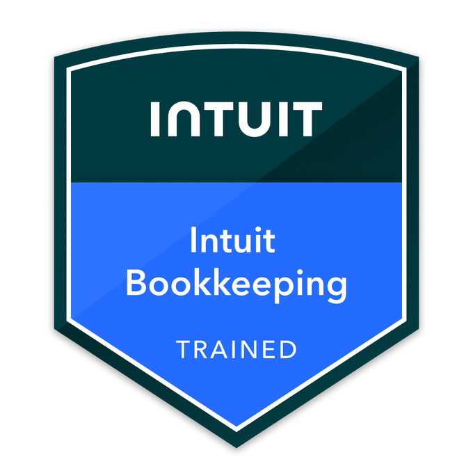 Badge with the text 'Intuit Bookkeeping Trained' in white on a shield-shaped background with green and blue sections.