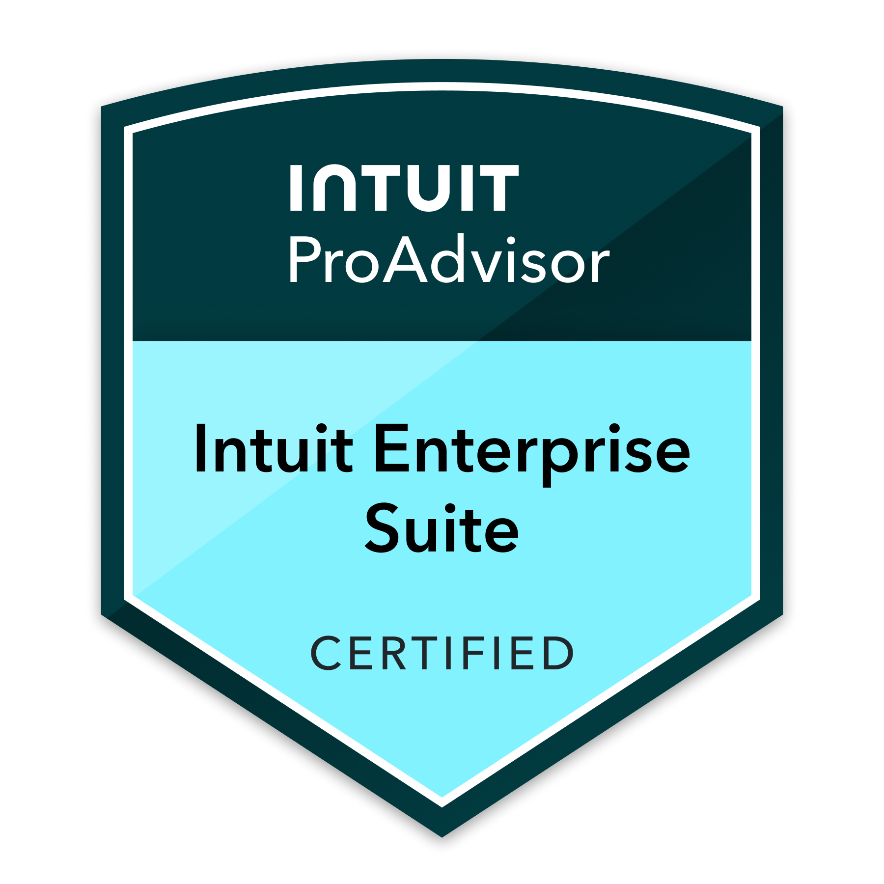Certification badge for Intuit ProAdvisor, Intuit Enterprise Suite, certified status.