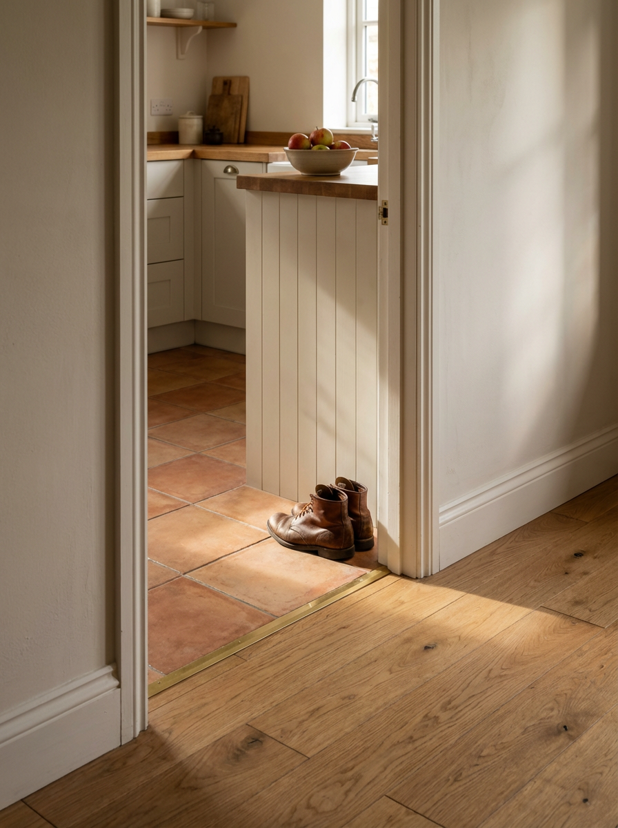 A pair of brown leather boots placed at the entrance of a kitchen with a tiled floor. The kitchen has a wooden countertop, white cabinets, and a window with sunlight streaming in.