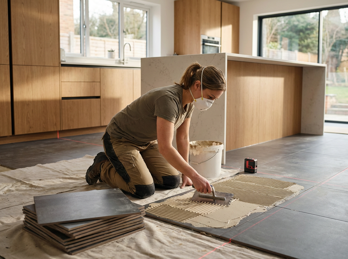 A woman installing large tiles on the floor of a modern kitchen, wearing a face mask and kneeling on a tarp, with tools and tiles nearby.