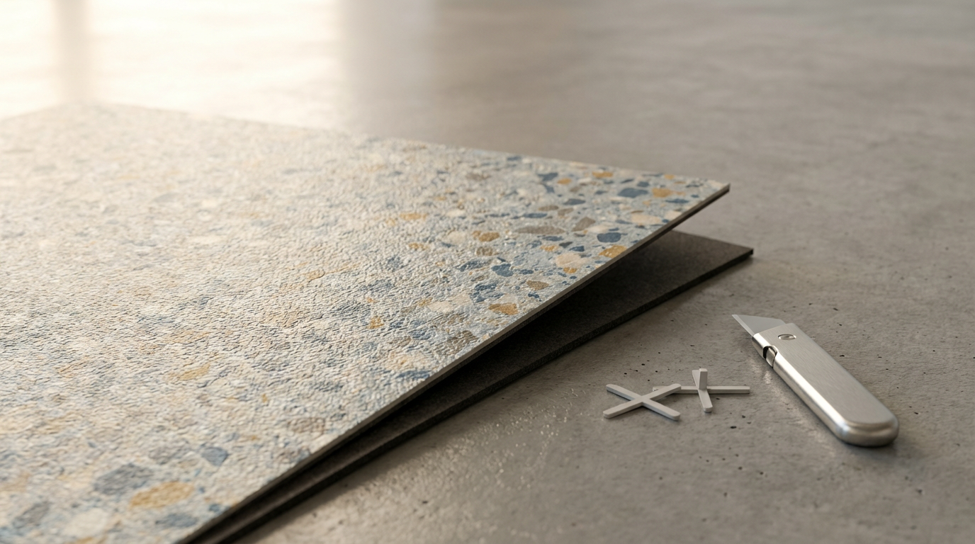 Close-up of a terrazzo tile sample, a utility knife, and a few small tile spacers on a concrete surface.