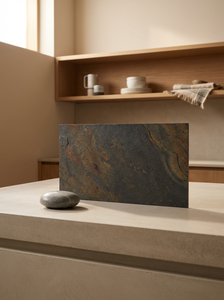 A stone sculpture and a smooth round pebble on a cream-colored surface with wooden shelves holding dishes and a napkin in the background.
