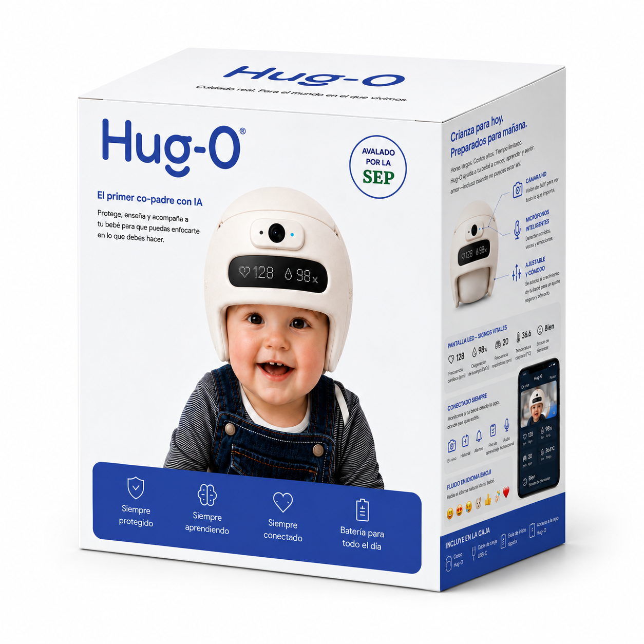 Hug-0. Casco parte de un sistema de educación y cuidado infantil por medio de una nana de inteligencia artificial.