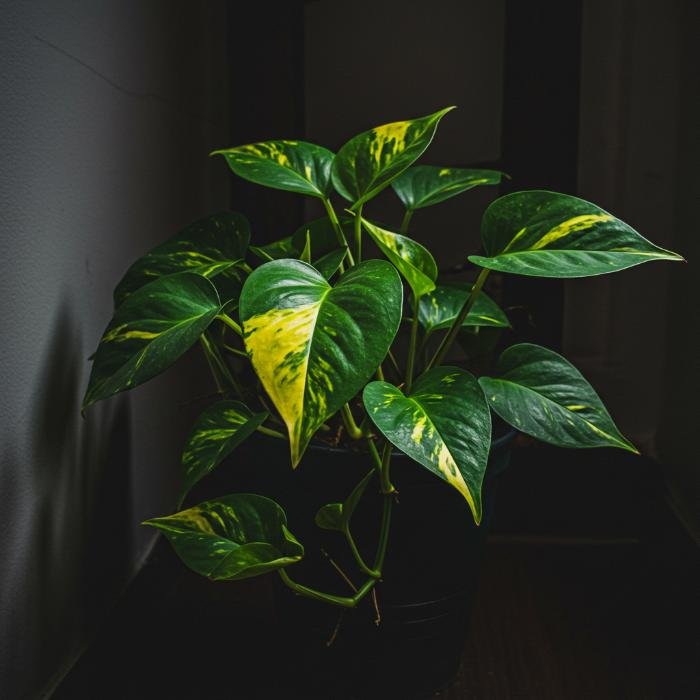 Potted pothos plant with variegated green and yellow leaves.
