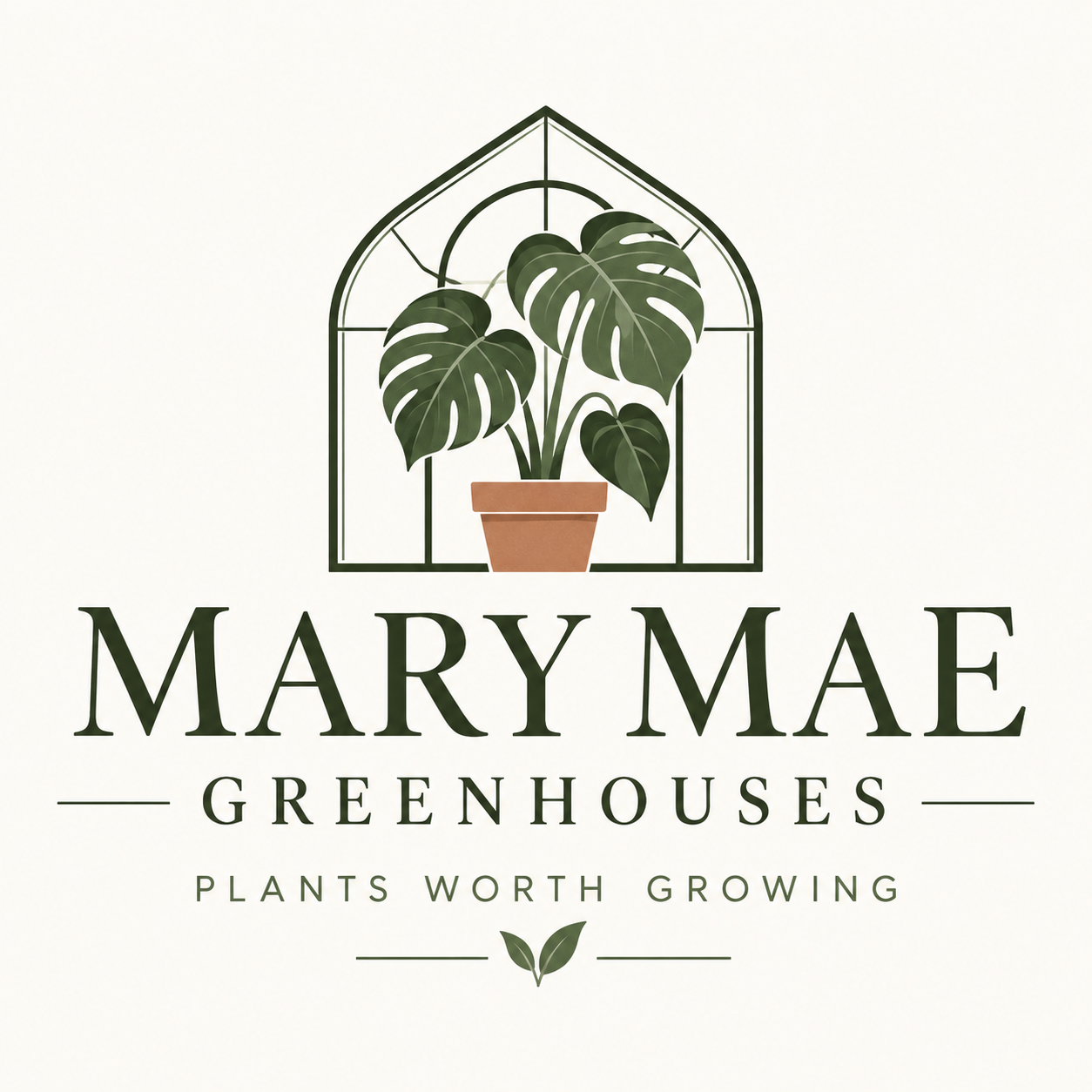 Logo for Mary Mae Greenhouses featuring a potted Monstera plant inside a greenhouse window outline and the text "Mary Mae Greenhouses" with the tagline "Plants Worth Growing" and a small leaf icon.