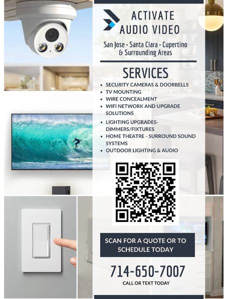 Flyer for Activate Audio Video services with list of offerings including security cameras, TV mounting, wiring, Wi-Fi solutions, lighting upgrades, home theater, and outdoor lighting. Features a surveillance camera, a light switch, a TV displaying waves, QR code, and contact information with phone number.