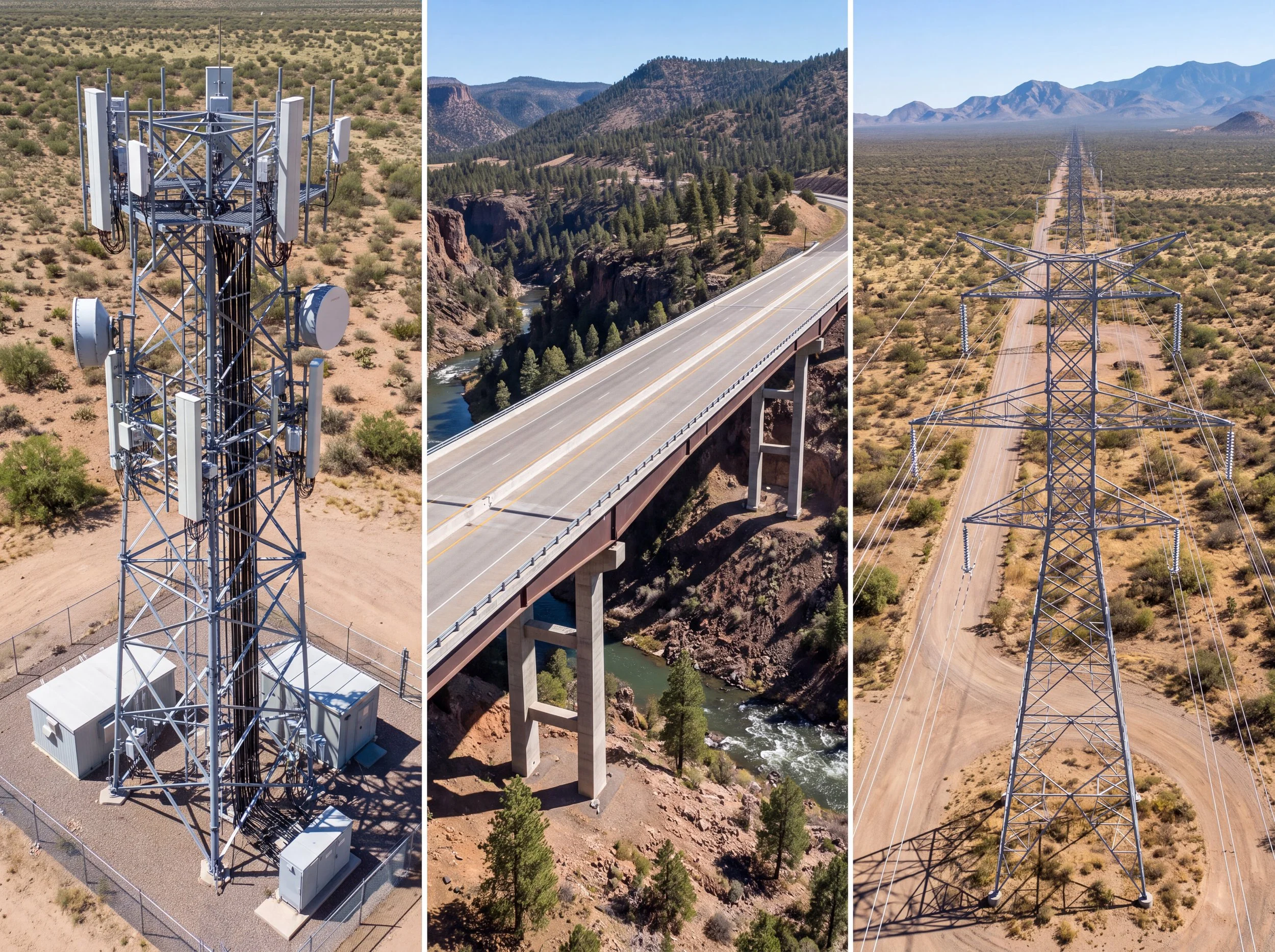 A composite image showing a telecommunications tower in a desert landscape, a highway bridge over a canyon with a river below, and a power transmission tower in a desert with mountains in the distance.