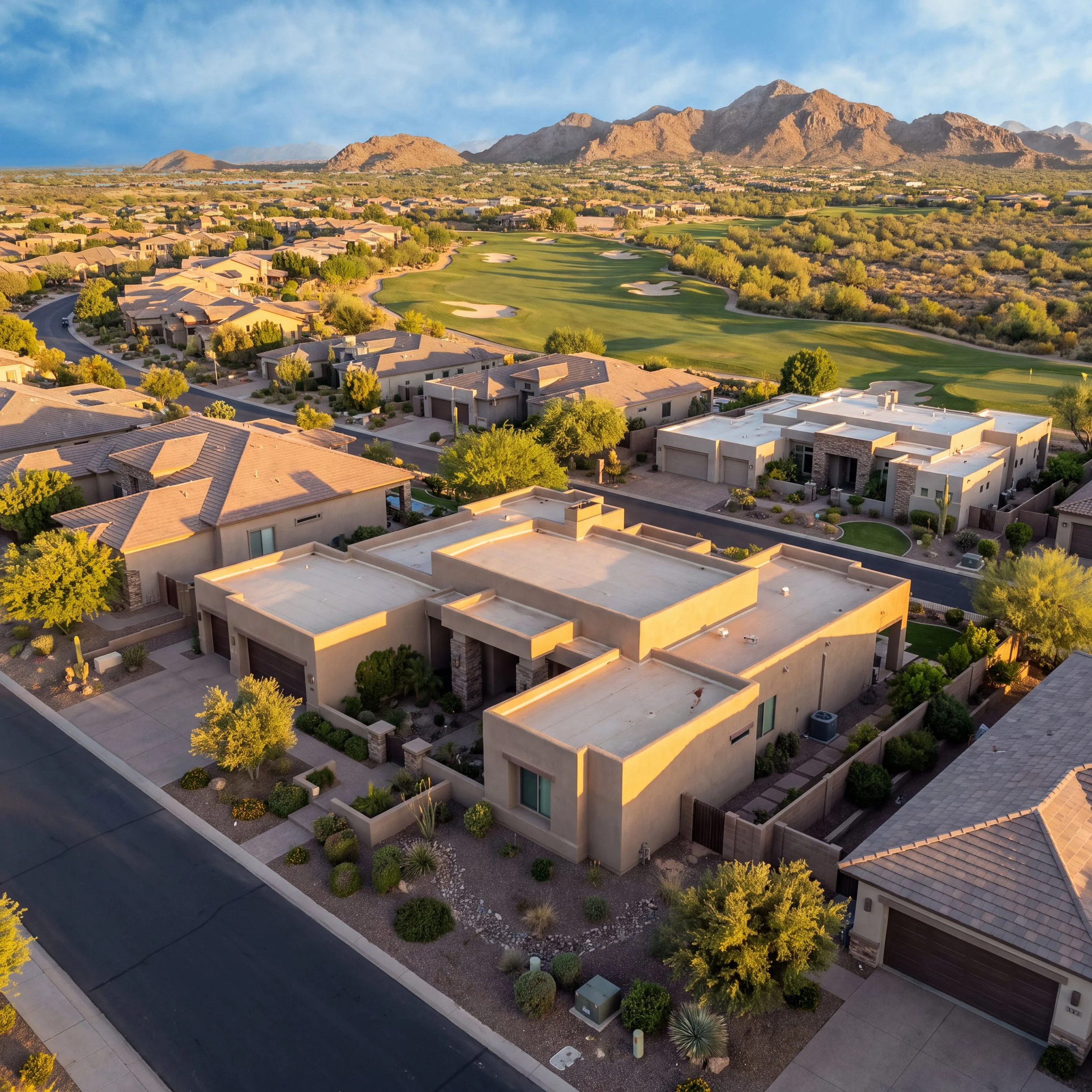 Aerial view of a suburban neighborhood with houses, trees, and a golf course with mountains in the background during golden hour.