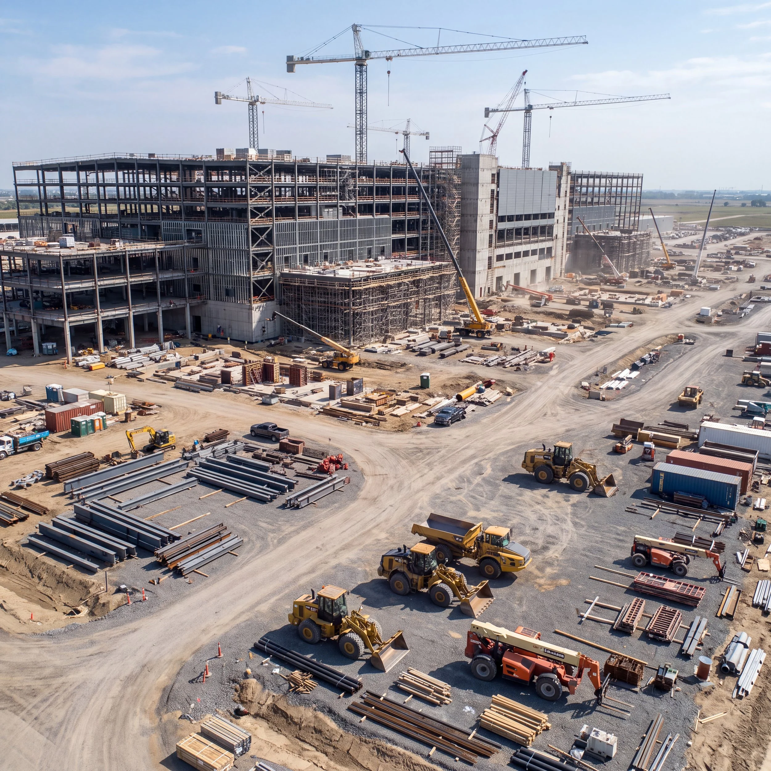 Construction site with partially built multi-story building, multiple cranes, construction vehicles, and building materials scattered around.