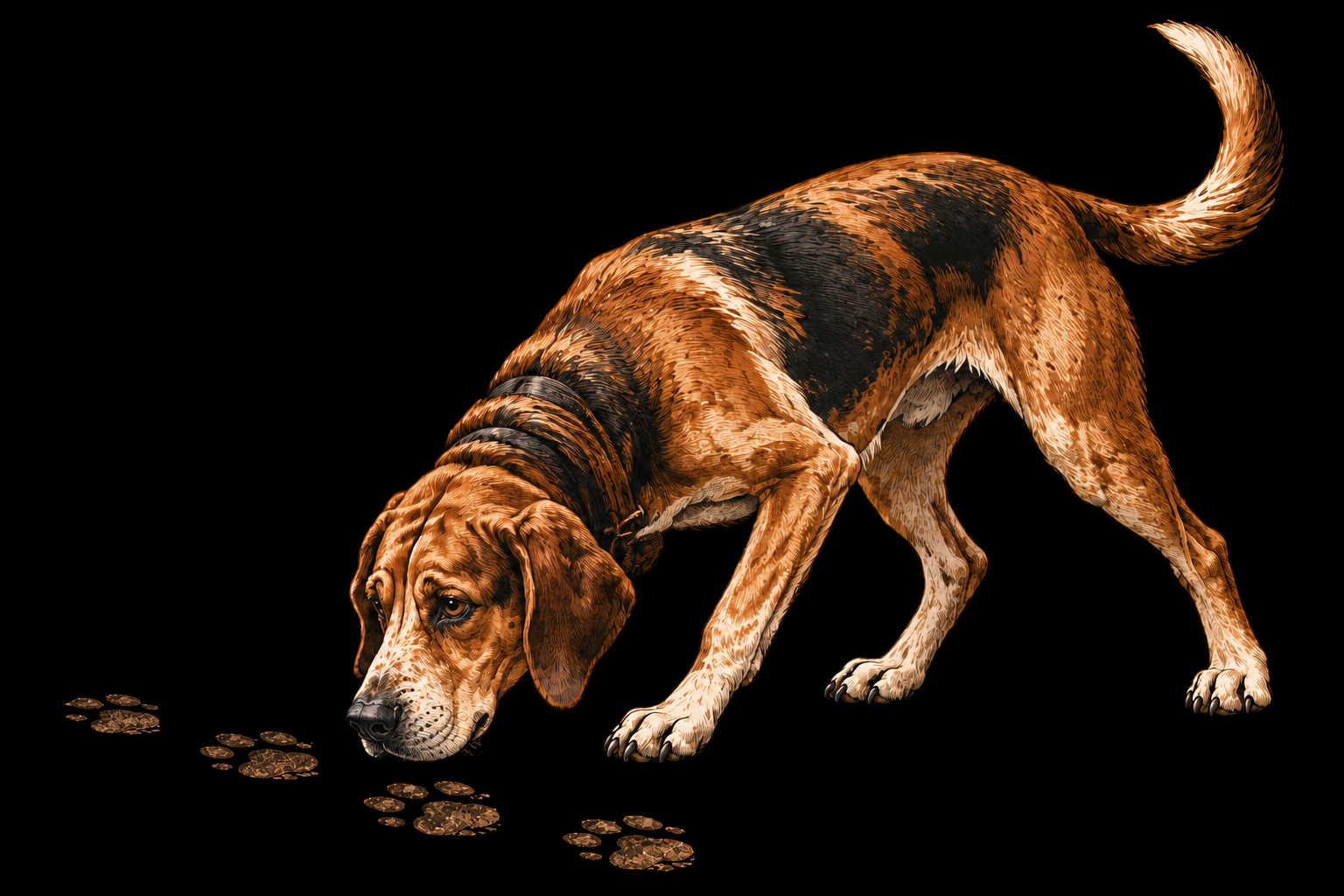 Copper-colored tracking hound following a trail of paw prints