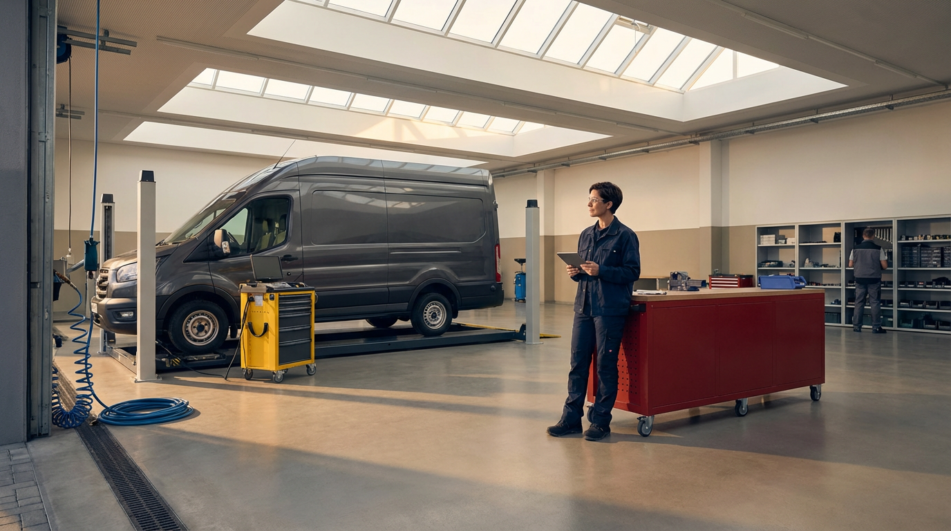 A person standing in an auto repair shop holding a tablet, with a black van on a hydraulic lift in the background, shelves filled with car parts, and another person working in the background.
