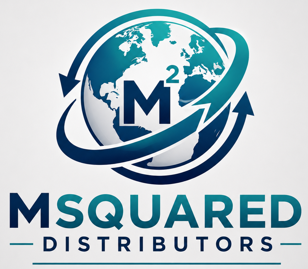 A logo featuring a globe with continents, surrounded by 3 arrows, and the text 'MSQUARED DISTRIBUTORS' below.