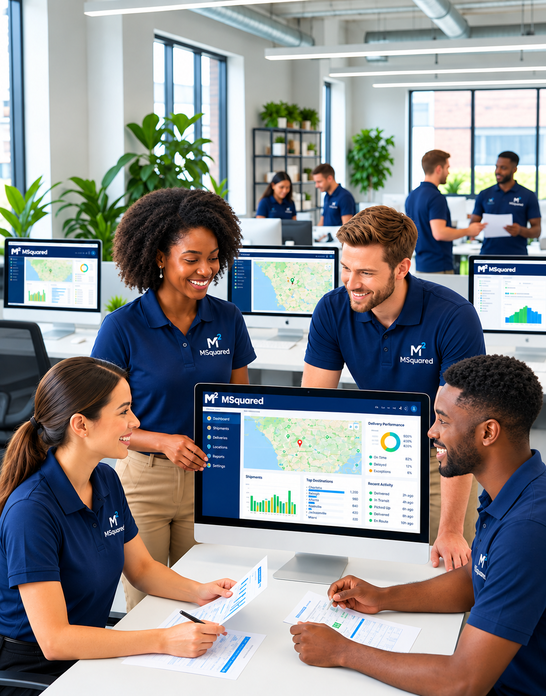 Team of diverse professionals in a bright office collaborating around a computer monitor displaying graphs and maps, all wearing blue RSVed shirts with a company logo.
