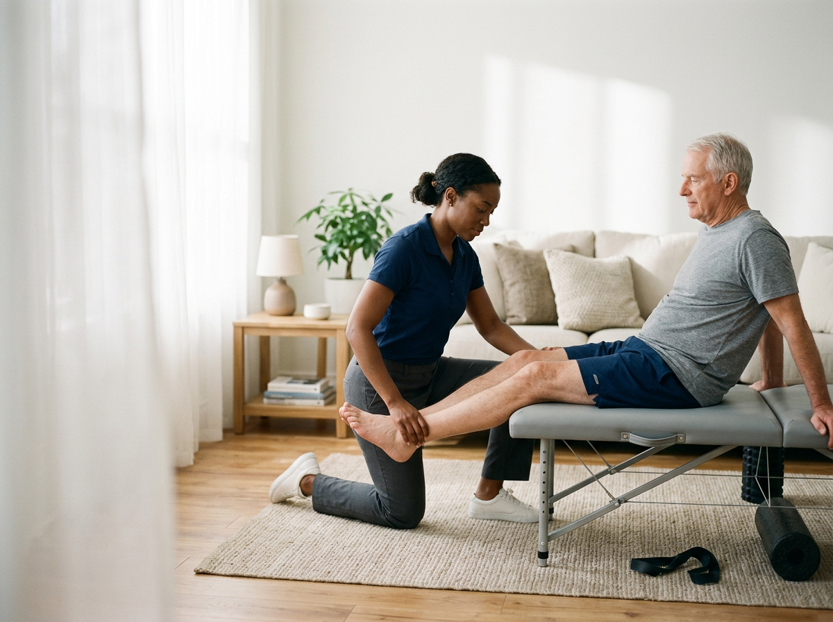 Physical therapist assisting an elderly man with leg exercises on a therapy table in a living room.