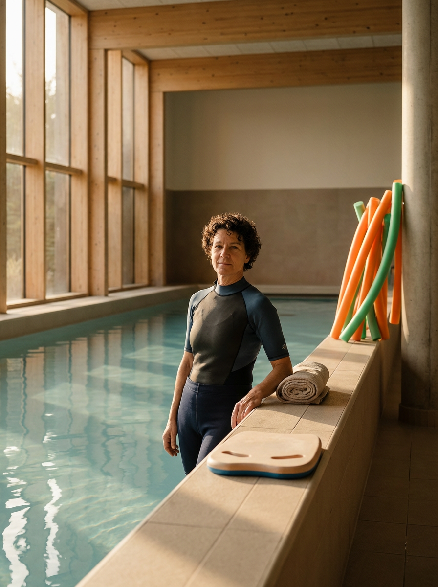 A woman standing by the edge of an indoor swimming pool in a wooden-finished room, holding onto the pool's edge with a towel and pool floaties nearby.