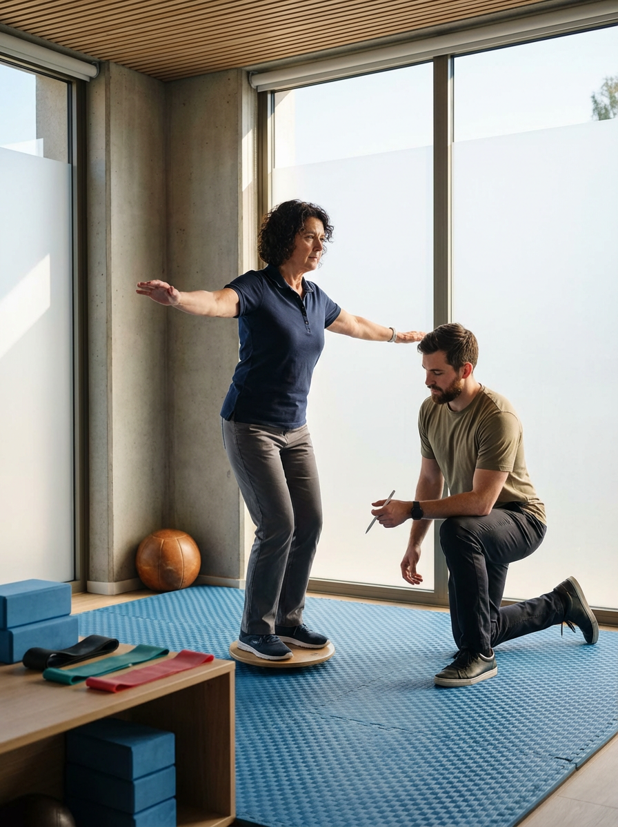 A woman standing on a balance board, stretching her arms out while a male physical therapist kneels next to her, holding a clipboard, in a therapy room with large windows and therapy equipment.