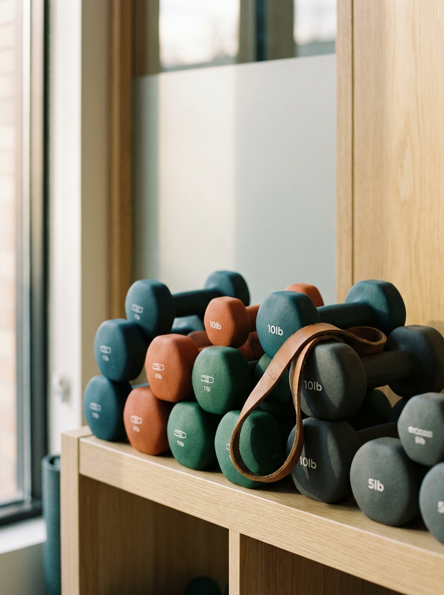 A wooden shelf holding stacked pairs of colored dumbbells, with a leather weightlifting belt draped over one, set near a window in a gym.