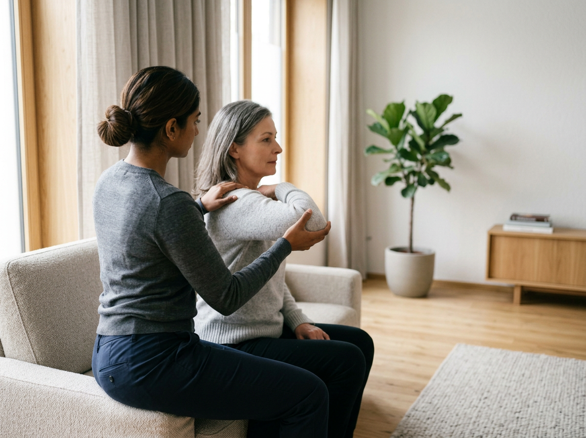A woman giving a shoulder massage to another woman sitting on a sofa in a living room with a potted plant and window in the background.