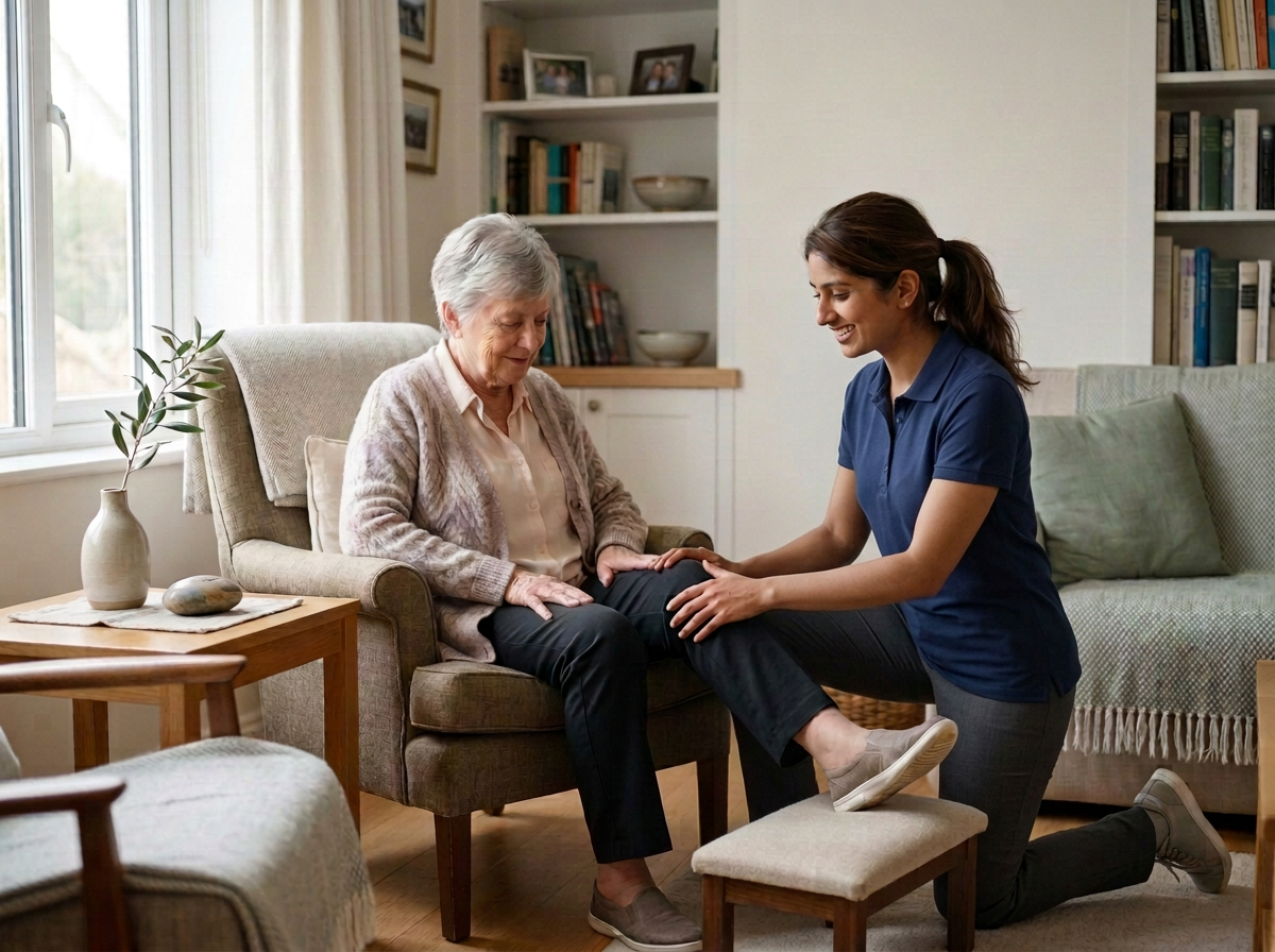 A Physiotherapist helping an elderly woman with her knee problem in a cozy living room.