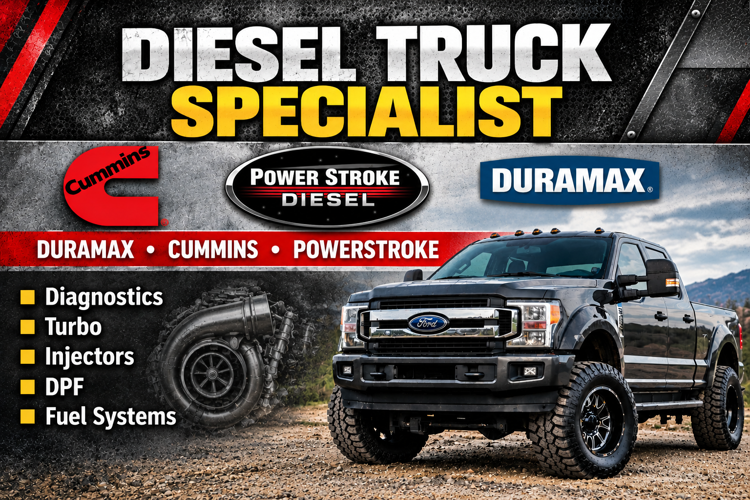 Advertisement for diesel truck services featuring a black Ford diesel pickup truck, with logos of Cummins, Power Stroke Diesel, and Duramax, and text highlighting diagnostics, turbo, injectors, DPF, and fuel systems.