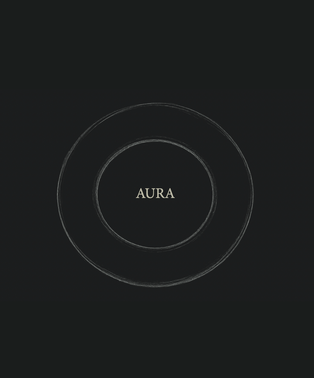 Bildet viser en svart bakgrunn med tre håndtegnede sirkler og teksten "AURA" i midten.
