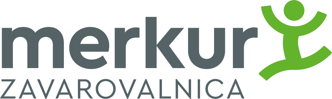Logo of Merkur Zavaroavalnica featuring the word 'merkur' in lowercase gray letters, with 'ZAVAROVALNICA' underneath, and a green abstract human figure jumping to the right.