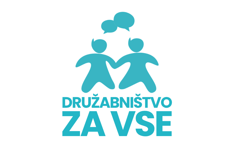 Two childlike figures holding hands with speech bubbles above their heads, and the text 'Družabništvo za vse' below.