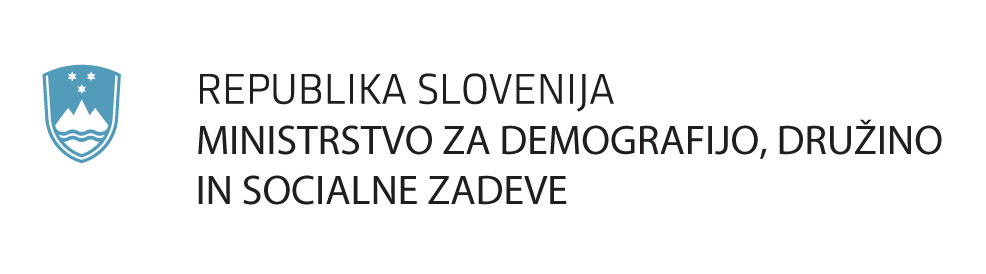 Logo of the Republic of Slovenia Ministry of Demography, Family, and Social Affairs.
Znak in logotip Ministrstva za demografijo, družino in socialne zadeve Republike Slovenije.