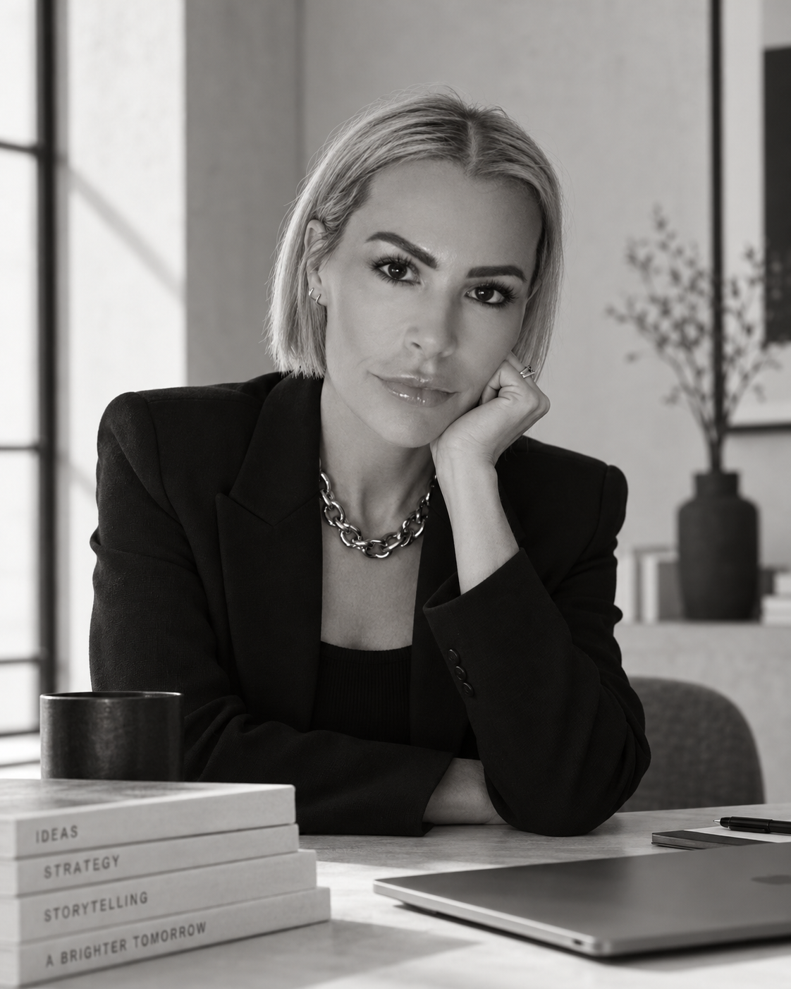 Black and white photo of a woman with short blonde hair seated at a desk in an office, resting her chin on her hand and looking at the camera. She is wearing a dark blazer, a chain necklace, and a ring. In the background, there is a potted plant and window with sunlight coming through. On the desk, there are stacked books and a laptop.