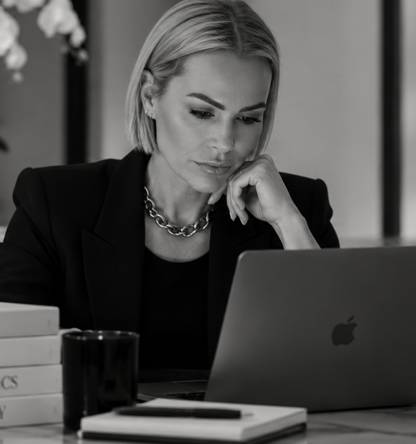 A woman looking at a MacBook in black and white, with books, a pen, and a cup on her desk.
