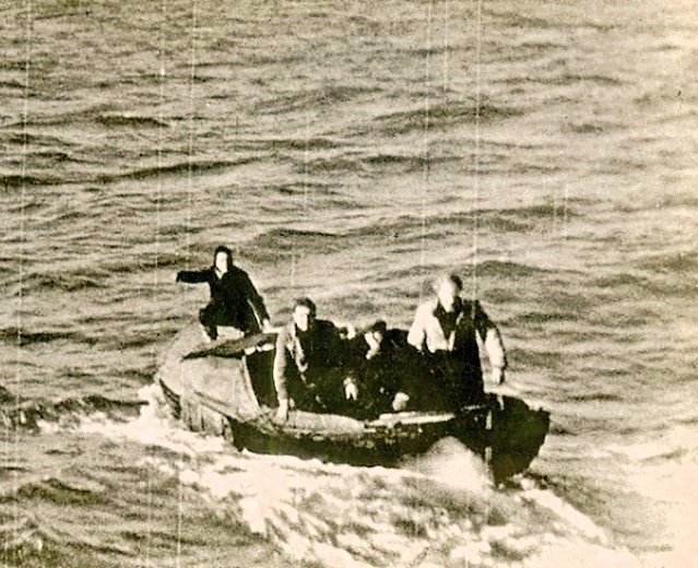 Five Dutch Engelandvaarders in their small boat on the North Sea shortly before their rescue by the RAF in February  1944