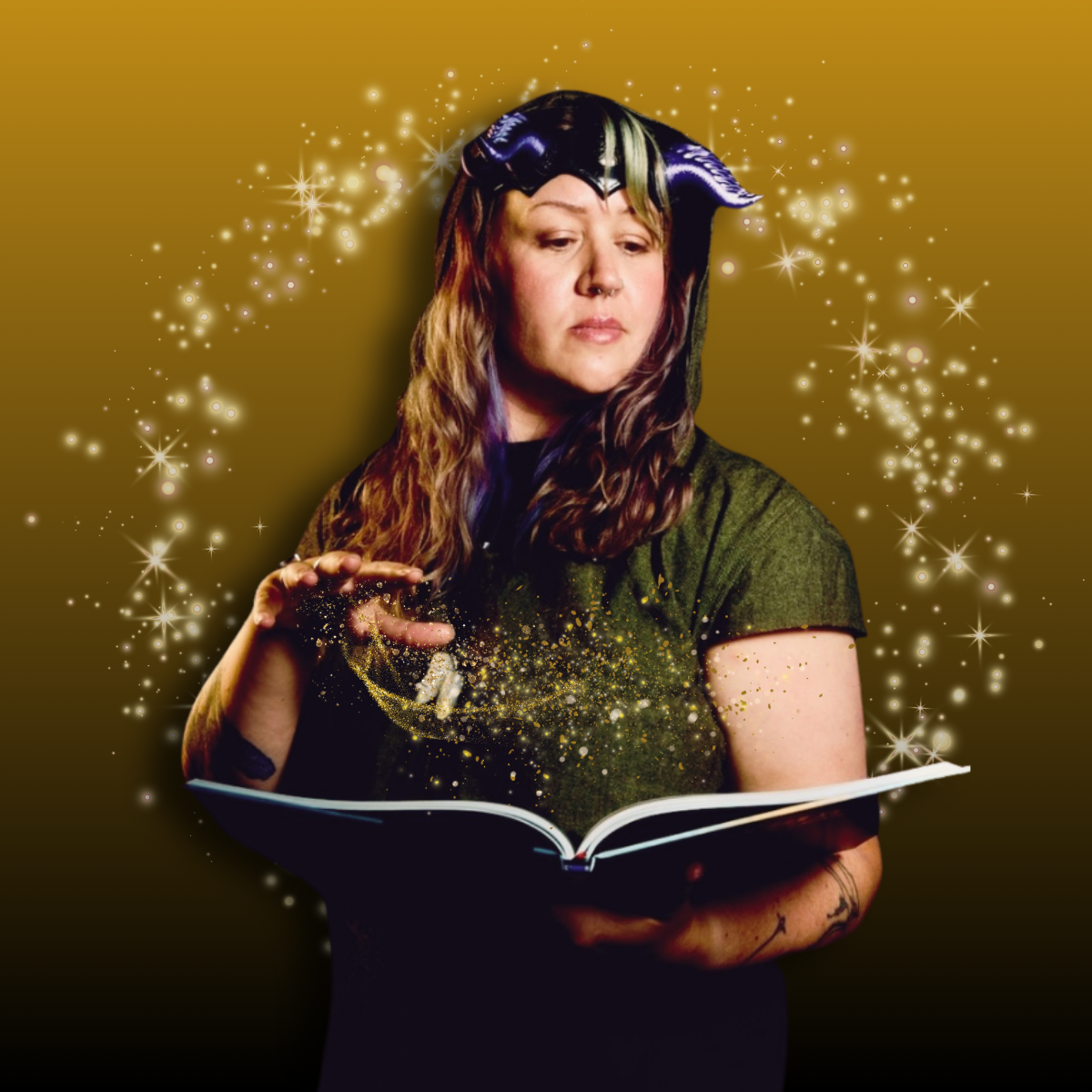 A woman with long brown hair, with 3D printed horns, is holding an open book. Sparkles and glowing lights surround her, creating a magical effect against a gold background.