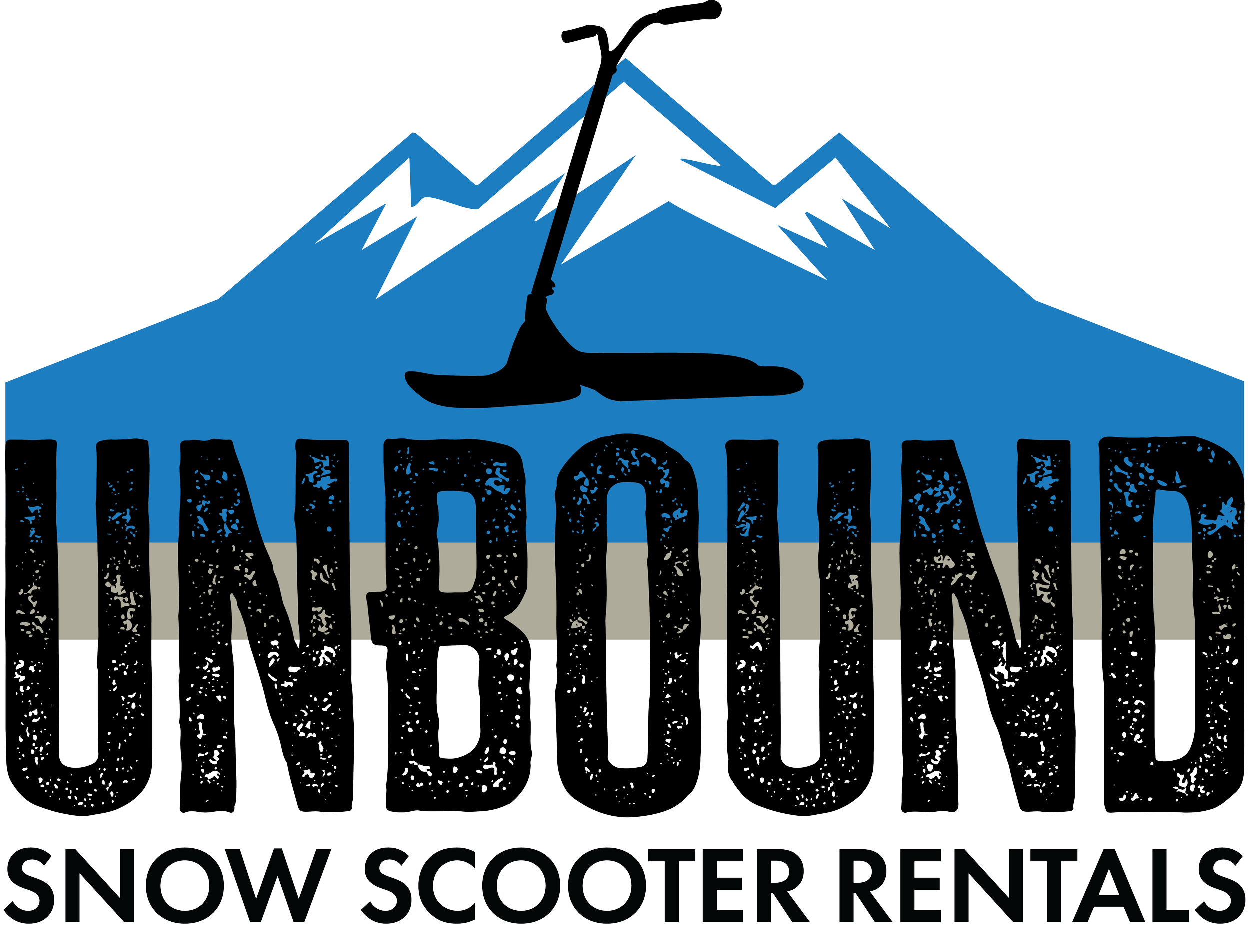 Snowy mountain range with a ski lift in the foreground. Black text on a blue background at the bottom reads 'SNOW SCOOTER RENTAL' and other text is also visible.