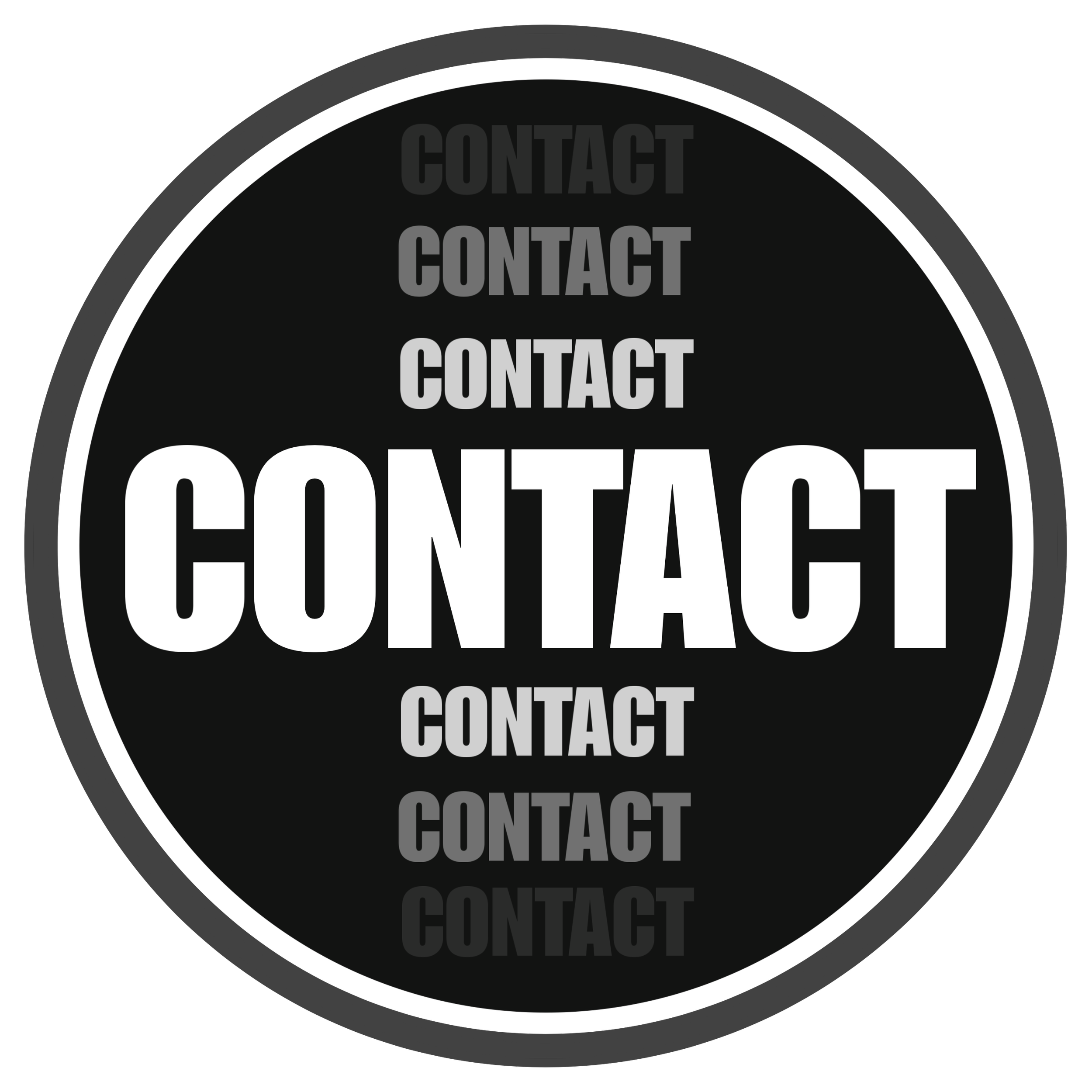 Ein schwarzer Hintergrund mit der häufig wiederholten Aufschrift 'CONTACT' in verschiedenen Grautönen und großer weißer Schrift darunter.'