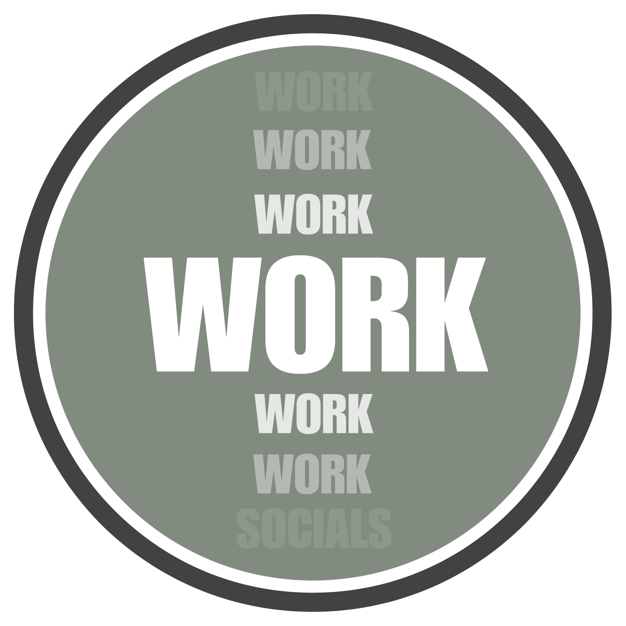 Ein Kreis mit der Aufschrift "Work" und "Work" in verschiedenen Größen und Stilen auf grauem Hintergrund, umgeben von schwarzen Ringen.