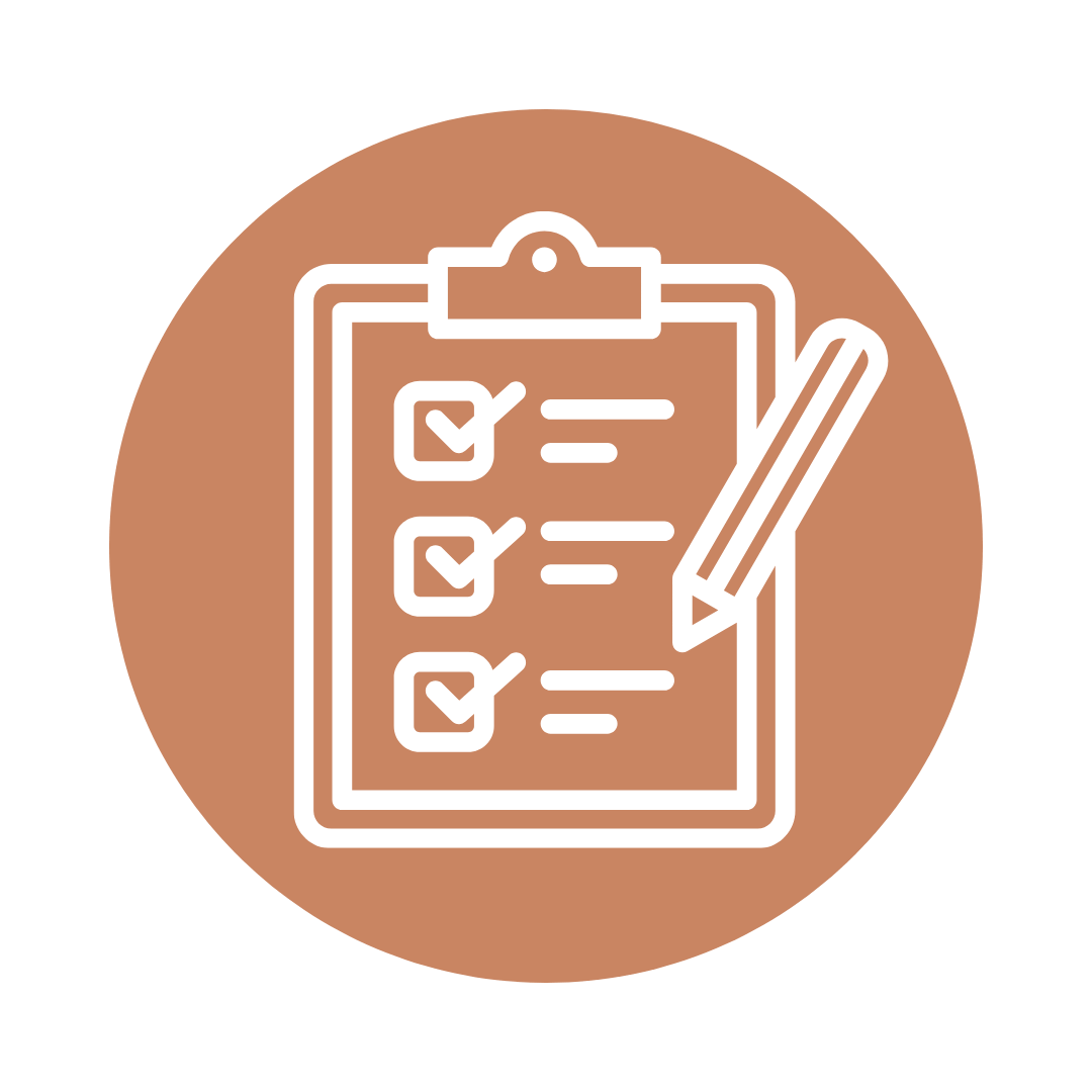 White clipboard checklist with three checked boxes and pencil icon on a tan circular background
