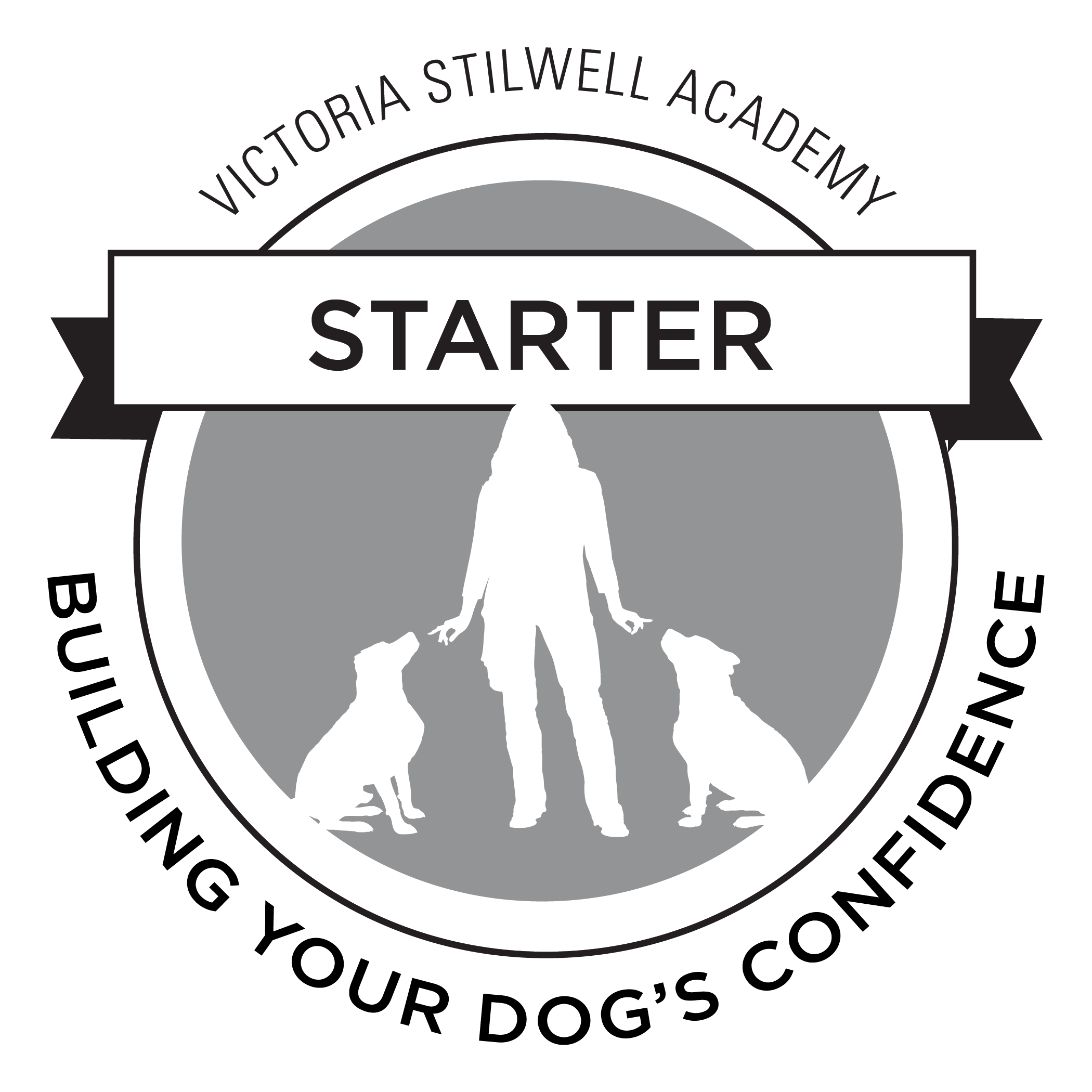 Logo for Victoria Stilwell Academy featuring a silhouette of a woman with two dogs, with the word 'STARTER' across the center.