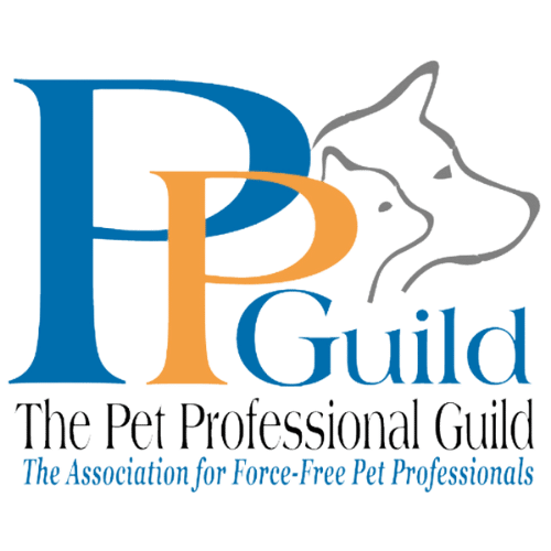Logo of the Pet Professional Guild featuring large blue and orange letters 'P' and 'G', a line drawing of a dog's head, and the text 'The Pet Professional Guild' with a subtitle 'The Association for Force-Free Pet Professionals'.