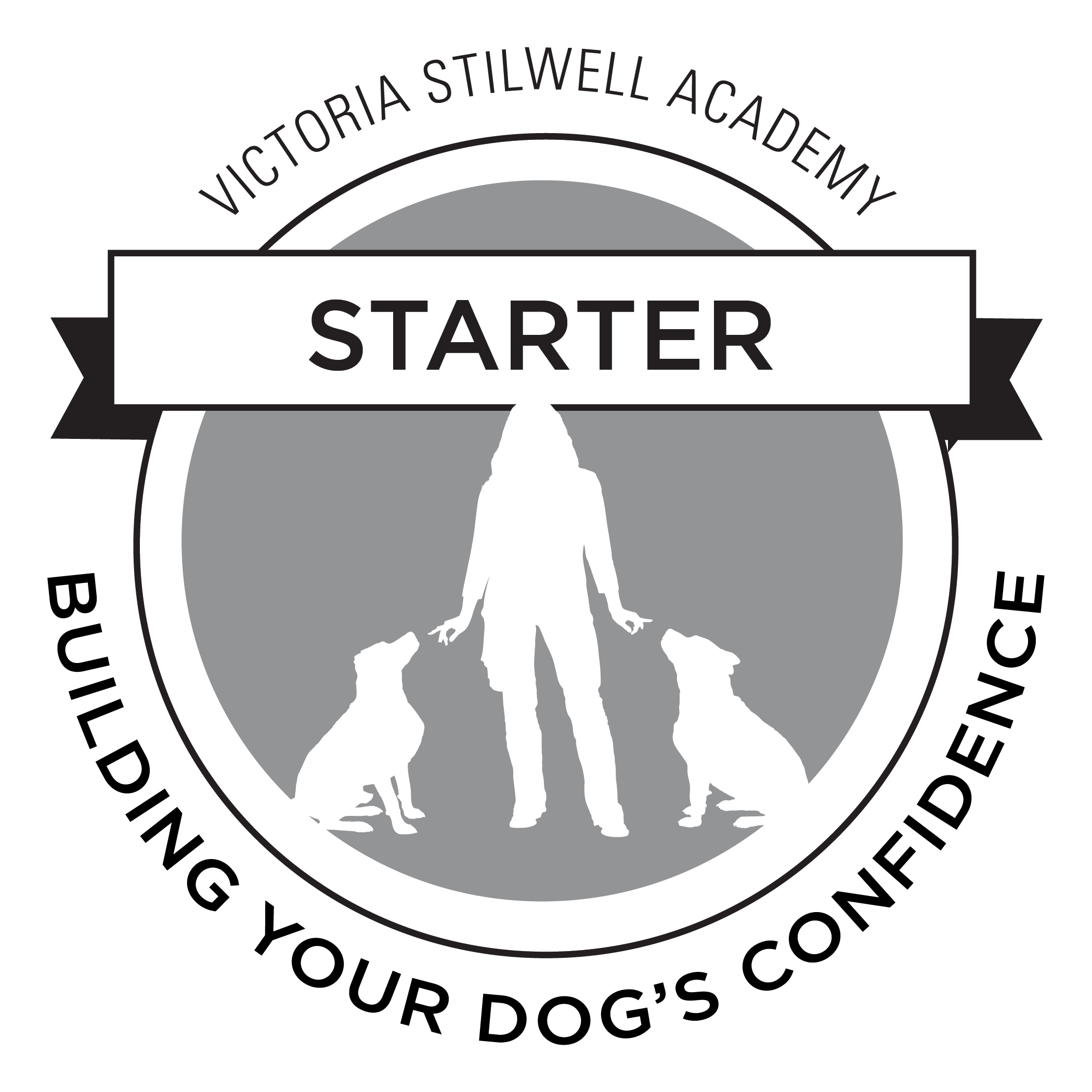 Logo for Victoria Stilwell Academy featuring a silhouette of a woman with two dogs, with the word 'STARTER' across the center.