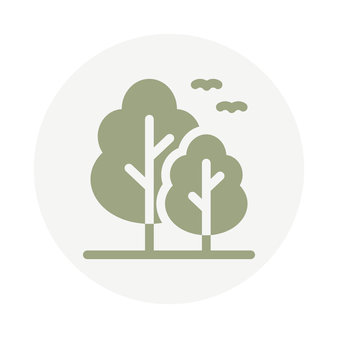 Minimalist illustration of two green trees with clouds in a circular frame