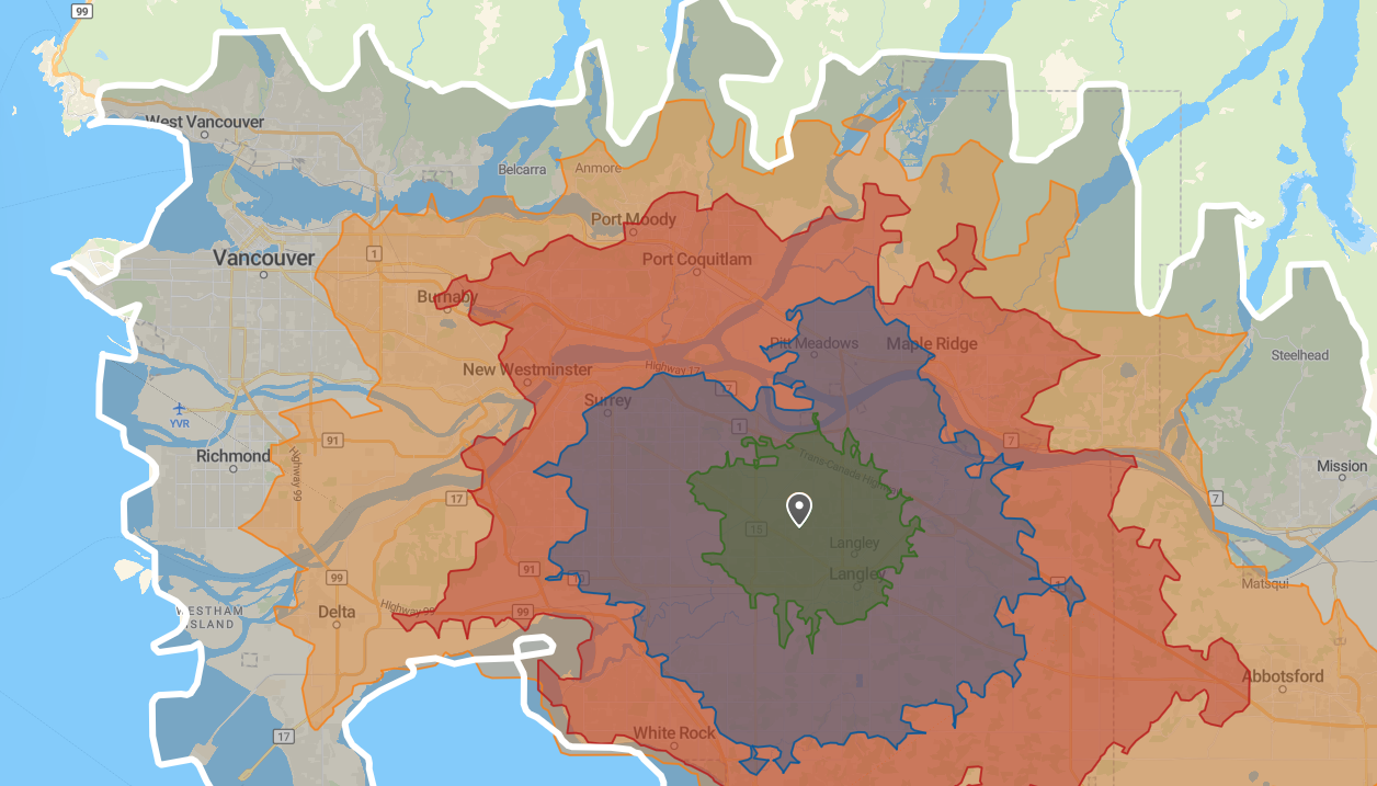 Color-coded map of Metro Vancouver and surrounding areas, centered on Langley with a location pin.