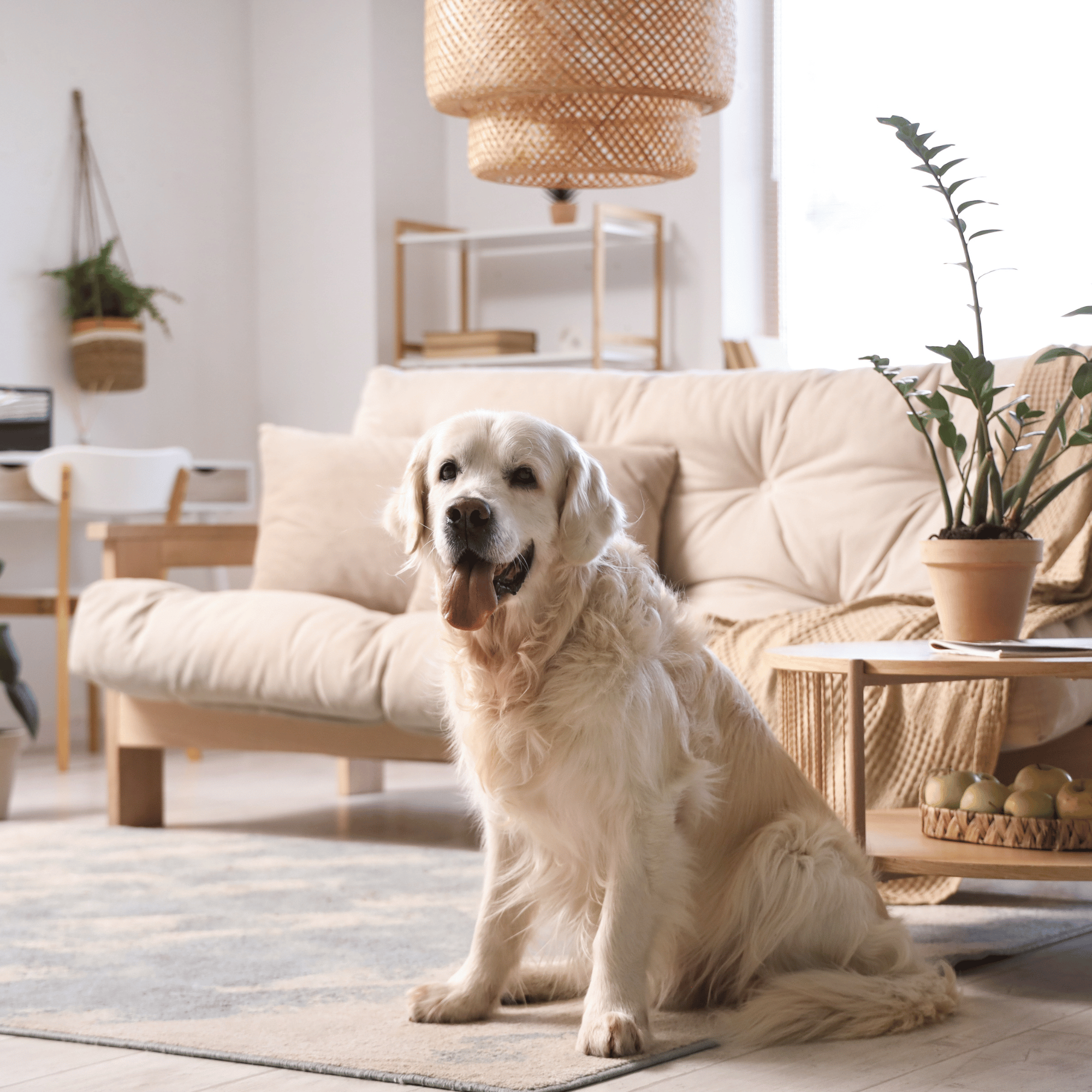 Golden retriever sitting on a rug in a bright, plant-filled living room