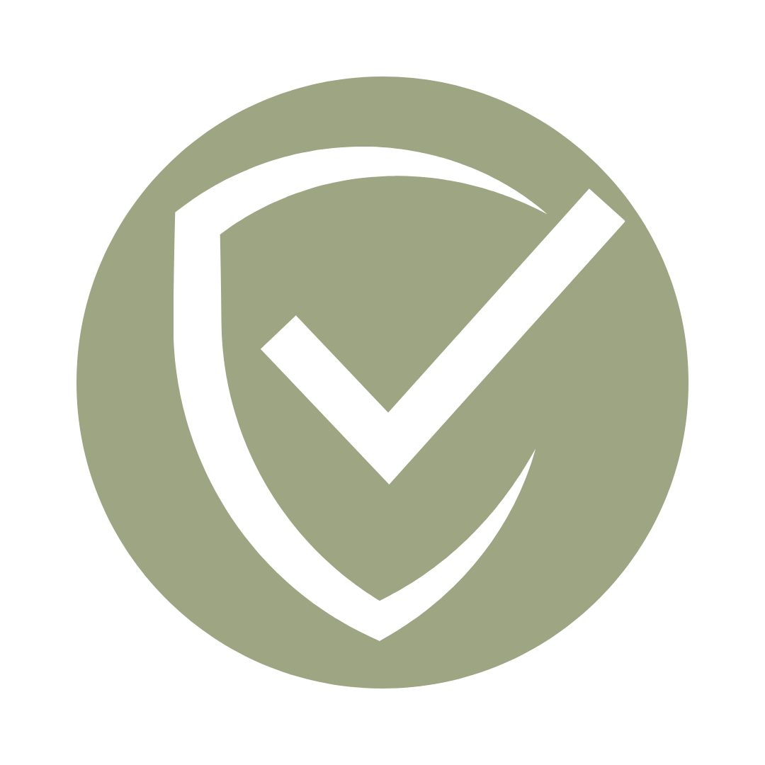 White shield with check mark inside a muted green circle