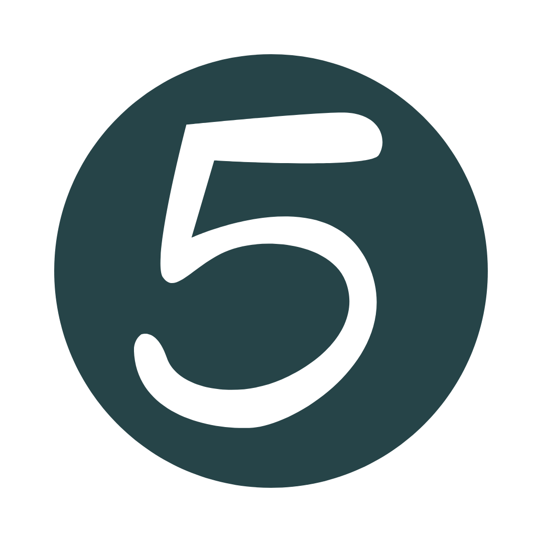 White stylized number five inside a dark teal circle