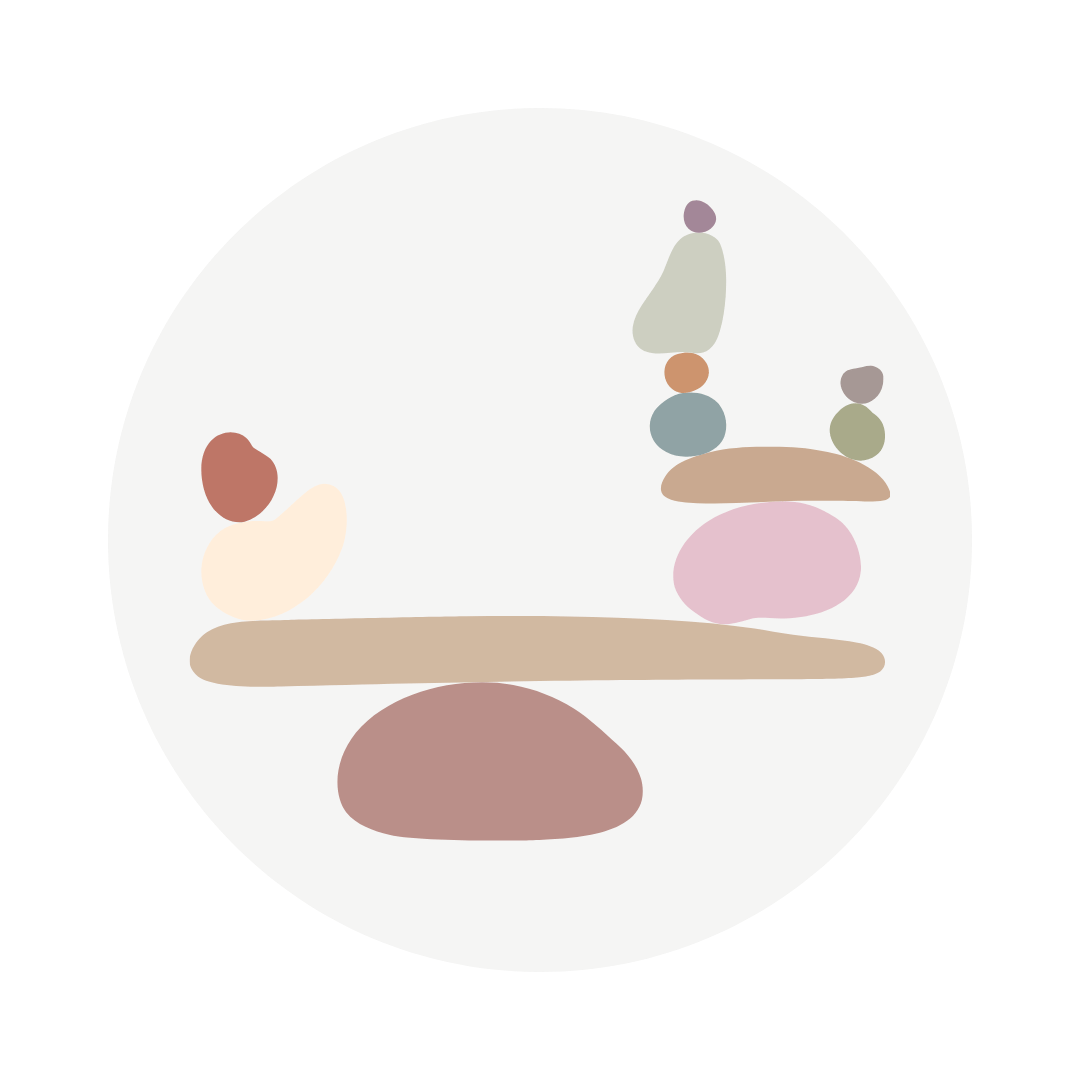Minimalist abstract illustration of stacked pastel-colored stones balanced on a horizontal tan rock