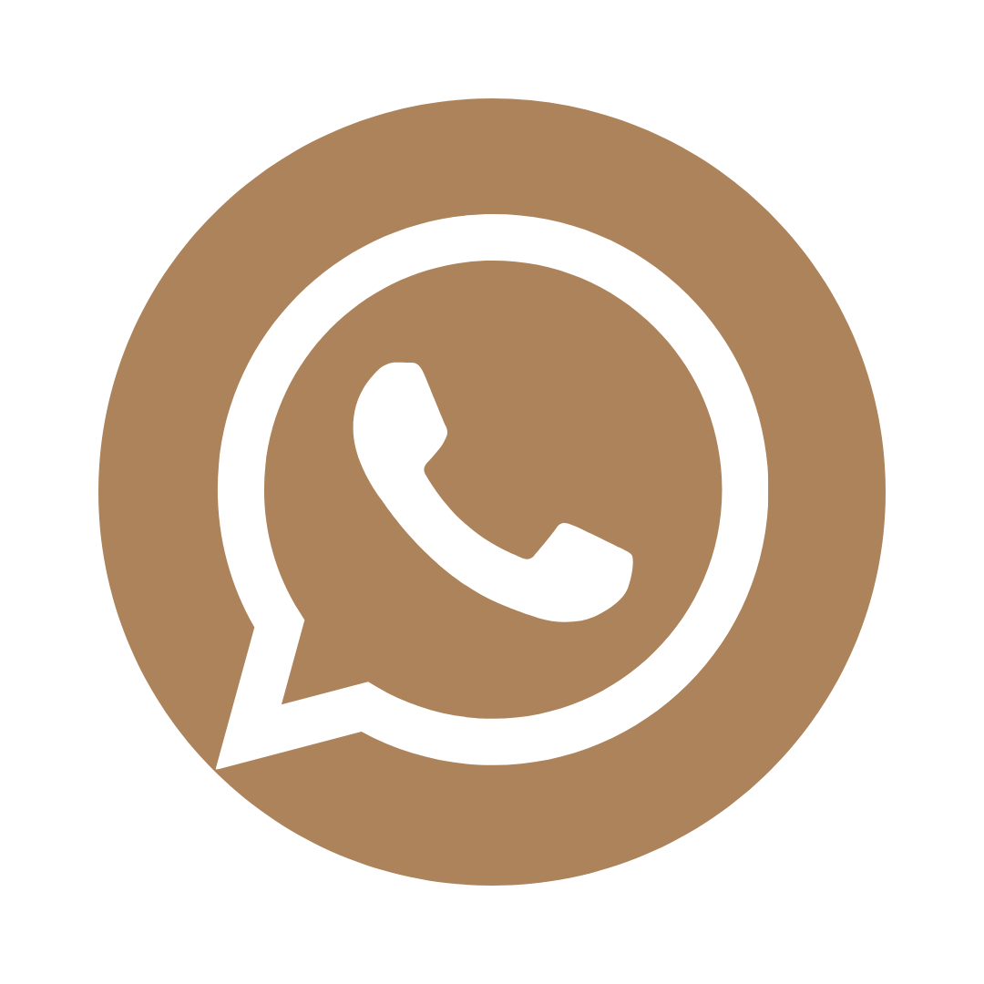 White WhatsApp phone icon inside a speech bubble on a tan circular background