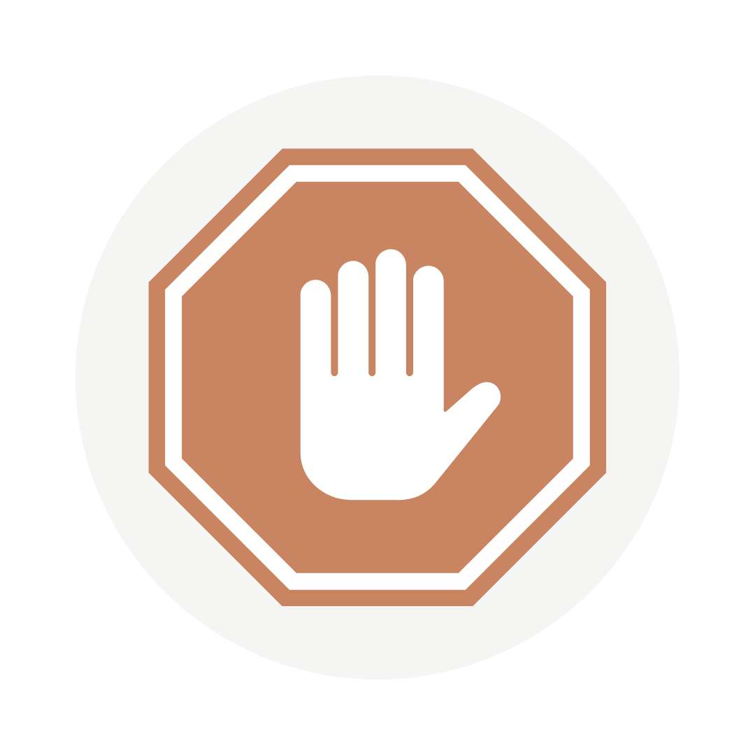 White hand stop symbol inside a terracotta octagon on a white circular background
