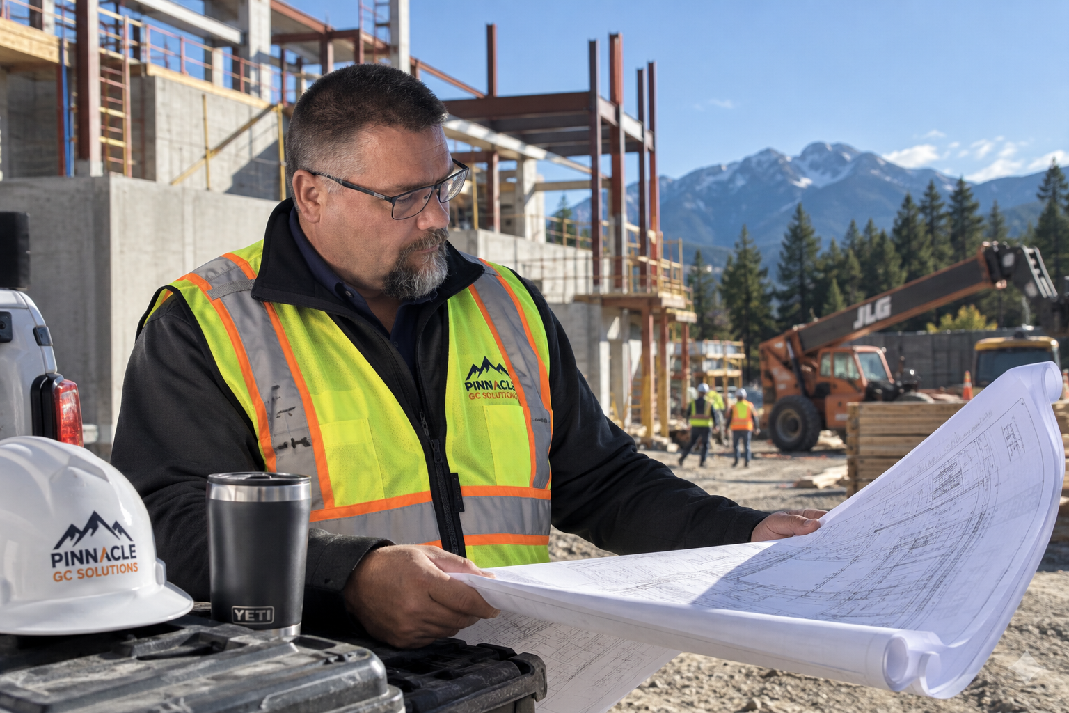 Pinnacle GC Solutions consultant reviewing construction plans at an active project site.